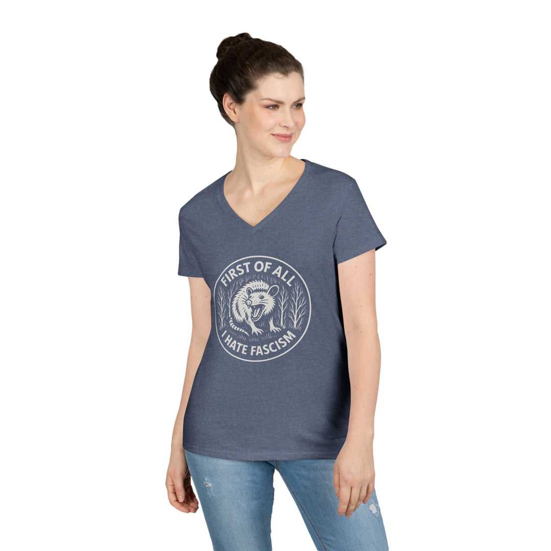 First Of All I Hate Fascism Opposum - Women's V-Neck T-Shirt