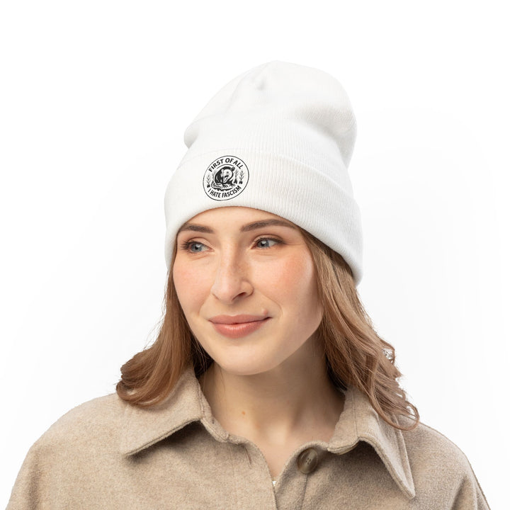 First of All I Hate Fascism Opossum – Embroidered Knit Beanie White