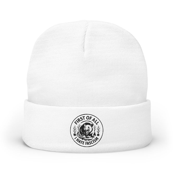 First of All I Hate Fascism Opossum – Embroidered Knit Beanie White