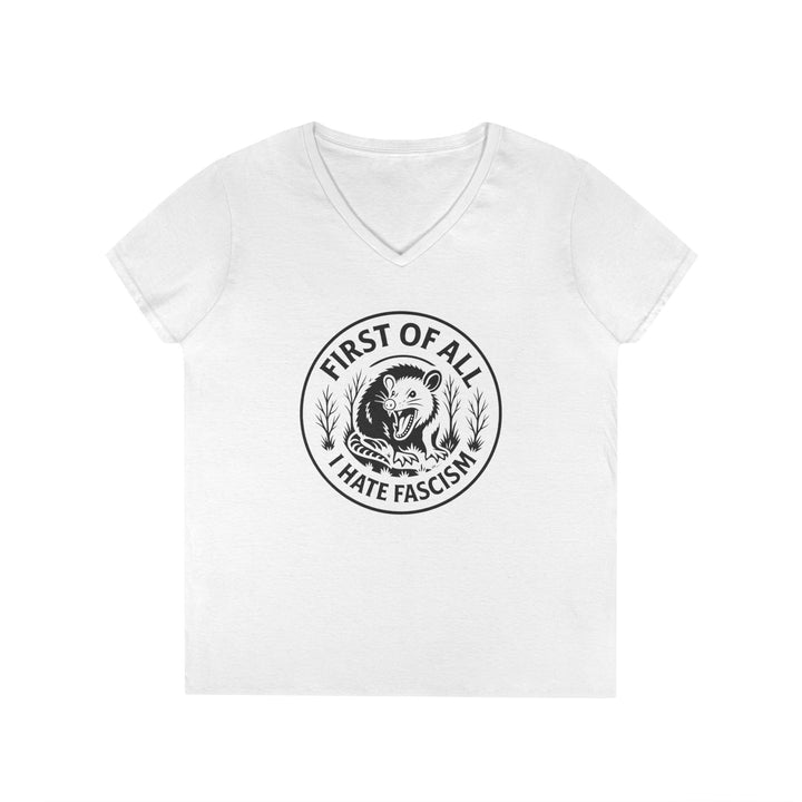 First of All I Hate Fascists Opossum Circle Graphic – Women's V-Neck Tee