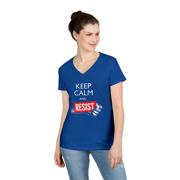 Keep Calm and Resist Raised Fist with Banner – Women's V-Neck T-Shirt