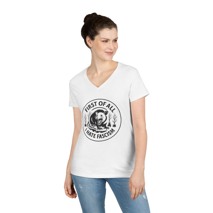 First Of All I Hate Fascism Opposum - Women's V-Neck T-Shirt