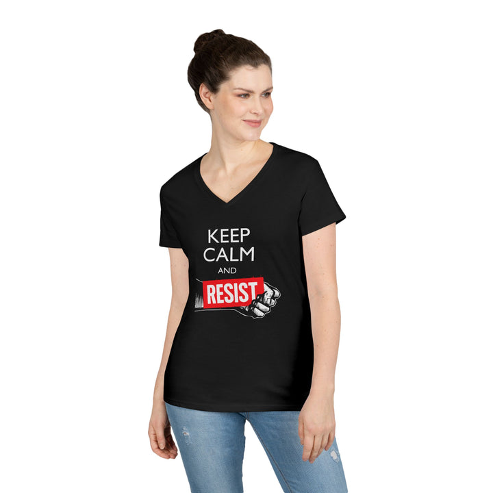 Keep Calm and Resist Raised Fist with Banner – Women's V-Neck T-Shirt