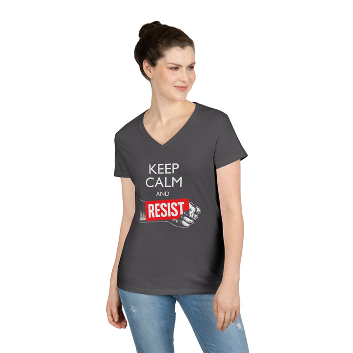Keep Calm and Resist Raised Fist with Banner – Women's V-Neck T-Shirt