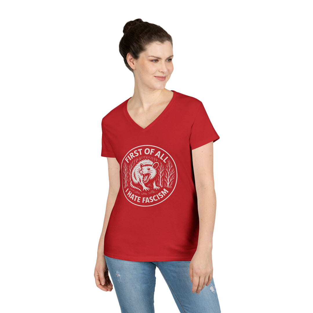 First of All I Hate Fascists Opossum Circle Graphic – Women's V-Neck Tee