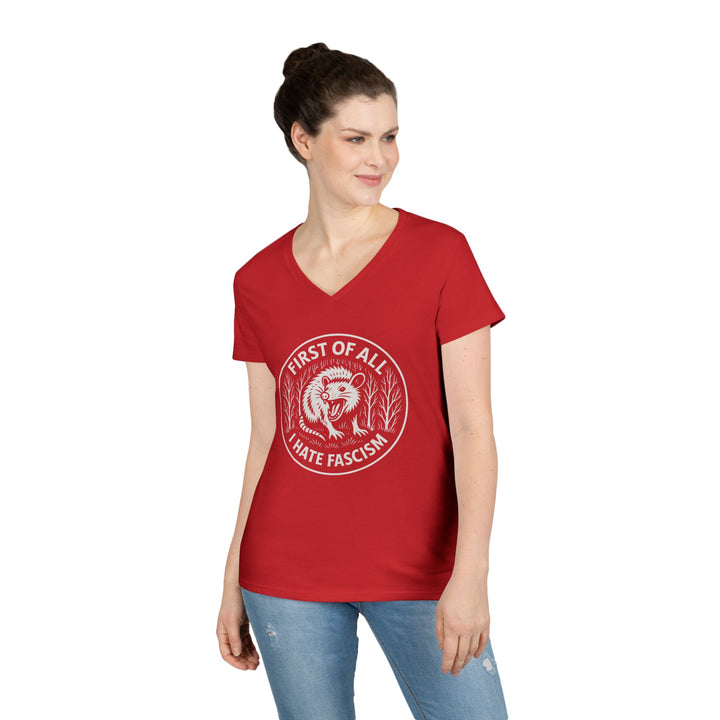 First of All I Hate Fascists Opossum Circle Graphic – Women's V-Neck Tee