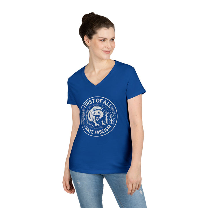 First Of All I Hate Fascism Opposum - Women's V-Neck T-Shirt