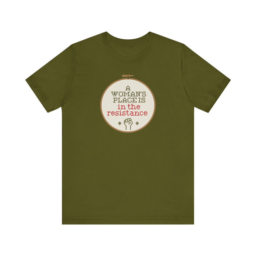 A Woman’s Place Is in the Resistance – Cross-Stitch Hoop Protest Graphic – Unisex T-Shirt