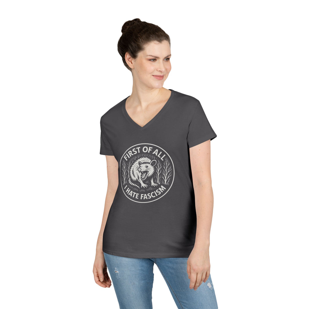 First Of All I Hate Fascism Opposum - Women's V-Neck T-Shirt