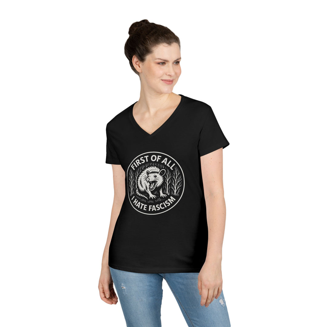 First Of All I Hate Fascism Opposum - Women's V-Neck T-Shirt