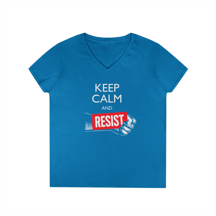 Keep Calm and Resist Raised Fist with Banner – Women's V-Neck T-Shirt