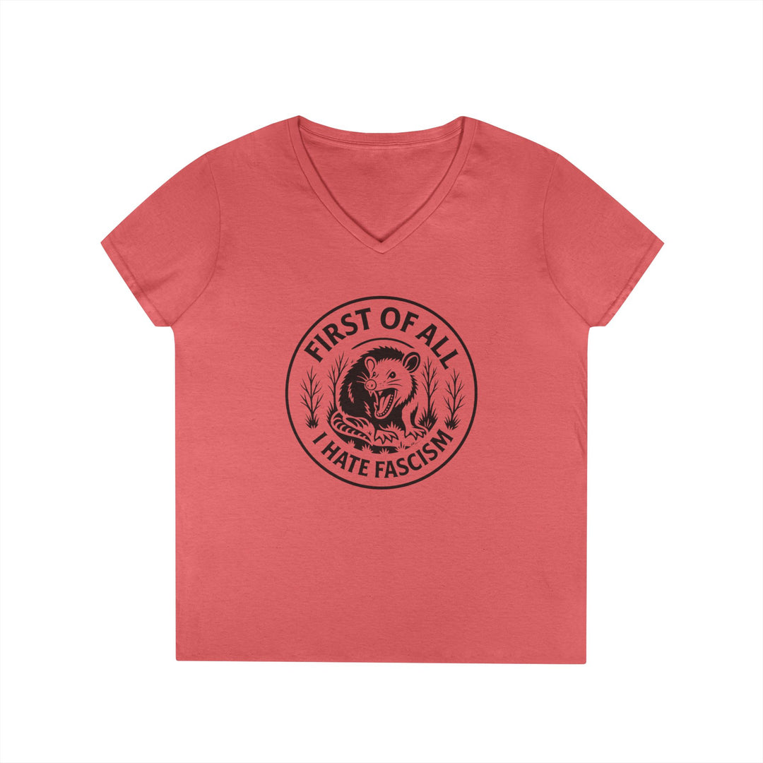 First of All I Hate Fascists Opossum Circle Graphic – Women's V-Neck Tee