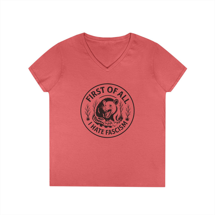 First of All I Hate Fascists Opossum Circle Graphic – Women's V-Neck Tee