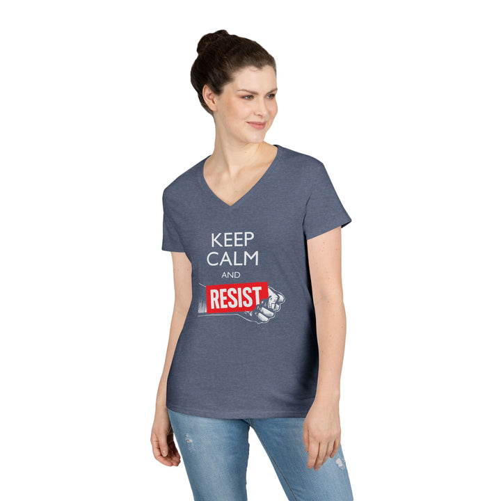 Keep Calm and Resist Raised Fist with Banner – Women's V-Neck T-Shirt