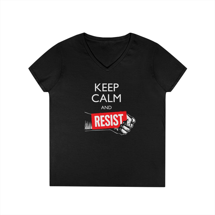 Keep Calm and Resist Raised Fist with Banner – Women's V-Neck T-Shirt