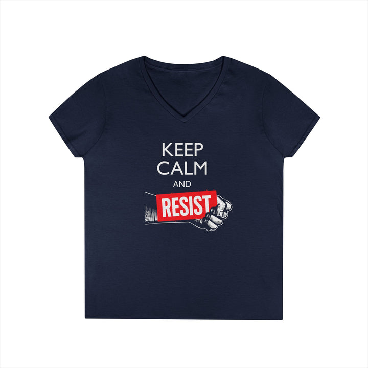 Keep Calm and Resist Raised Fist with Banner – Women's V-Neck T-Shirt
